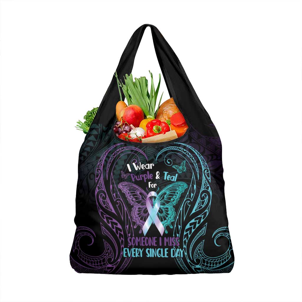 Suicide Awareness Memorial Grocery Bag I Wear Purple and Teal For Someone I Miss - Polynesian Pride