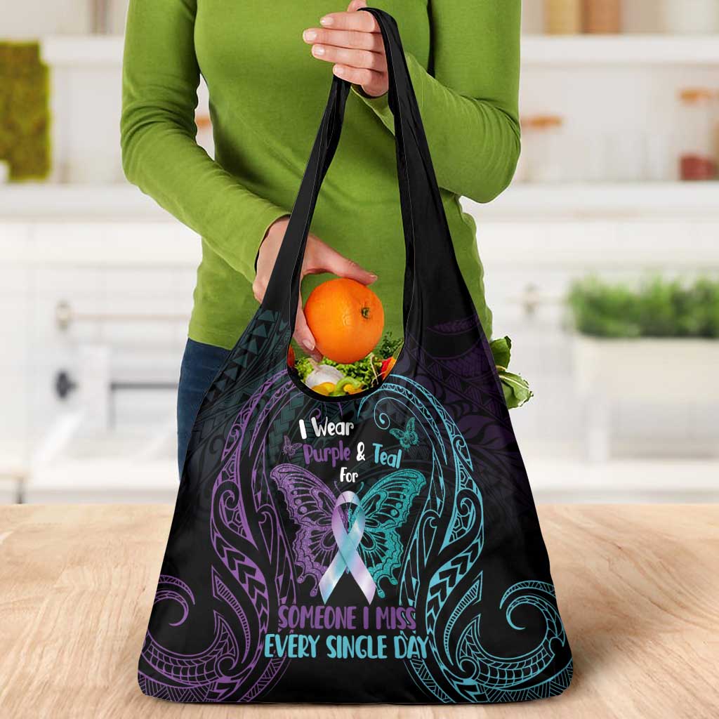 Suicide Awareness Memorial Grocery Bag I Wear Purple and Teal For Someone I Miss - Polynesian Pride