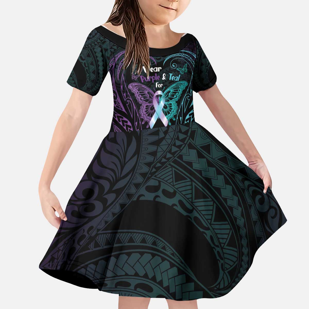 Suicide Awareness Memorial Kid Short Sleeve Dress I Wear Purple and Teal For Someone I Miss - Polynesian Pride