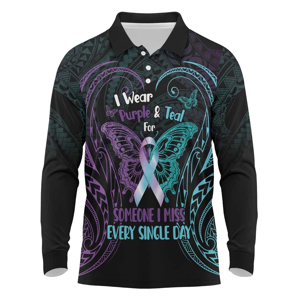 Suicide Awareness Memorial Long Sleeve Polo Shirt I Wear Purple and Teal For Someone I Miss - Polynesian Pride