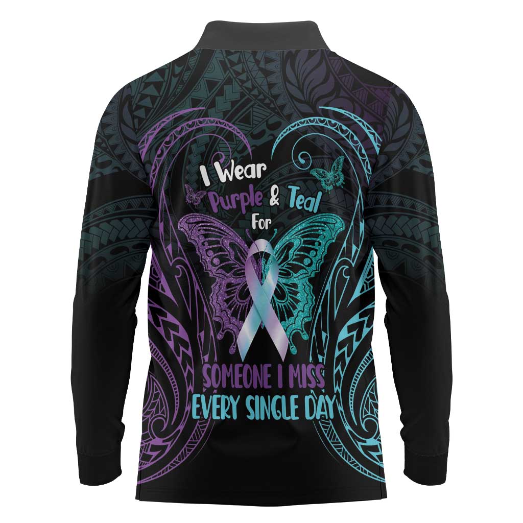 Suicide Awareness Memorial Long Sleeve Polo Shirt I Wear Purple and Teal For Someone I Miss - Polynesian Pride