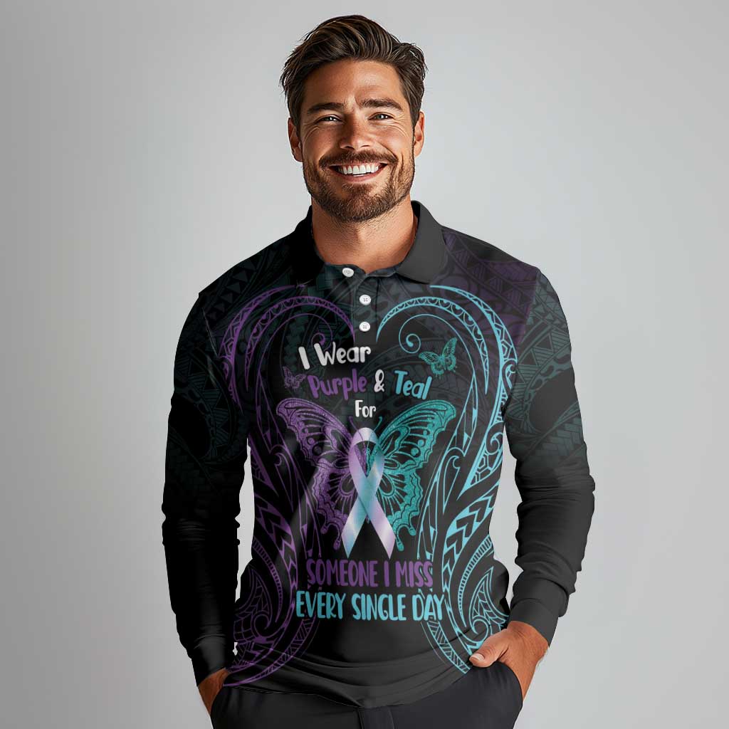Suicide Awareness Memorial Long Sleeve Polo Shirt I Wear Purple and Teal For Someone I Miss - Polynesian Pride