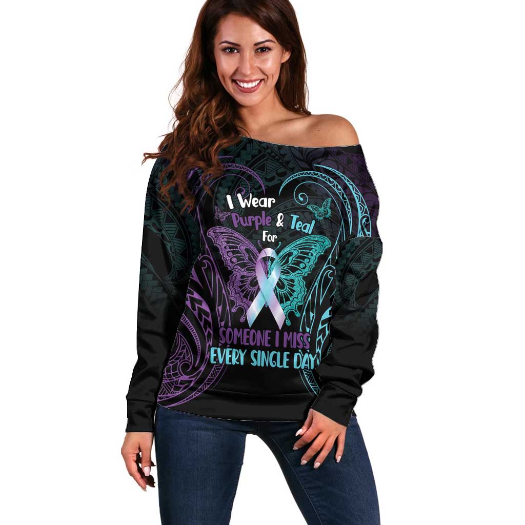 Suicide Awareness Memorial Off Shoulder Sweater I Wear Purple and Teal For Someone I Miss - Polynesian Pride