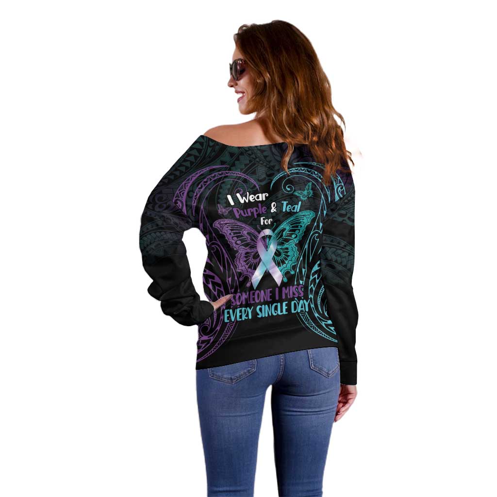 Suicide Awareness Memorial Off Shoulder Sweater I Wear Purple and Teal For Someone I Miss - Polynesian Pride