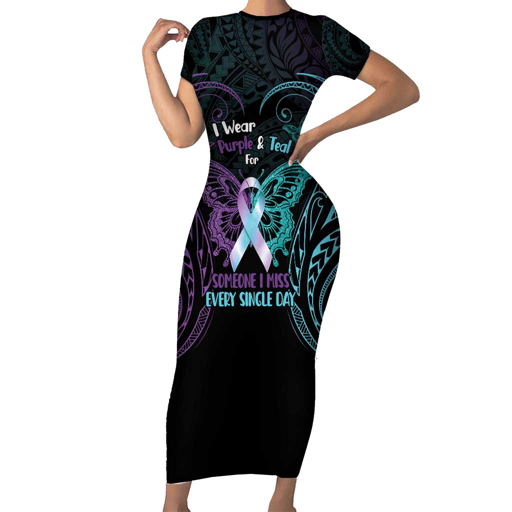 Suicide Awareness Memorial Short Sleeve Bodycon Dress I Wear Purple and Teal For Someone I Miss - Polynesian Pride