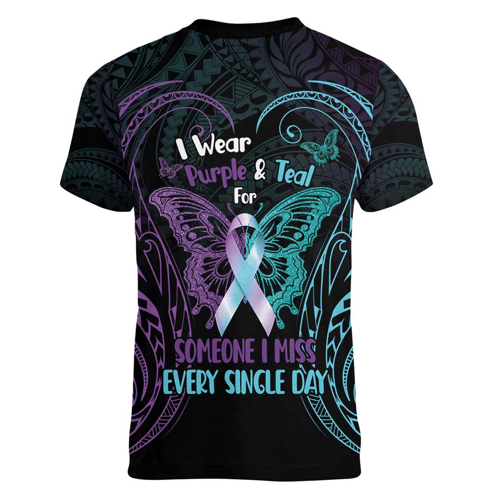 Suicide Awareness Memorial Women V-Neck T-Shirt I Wear Purple and Teal For Someone I Miss - Polynesian Pride
