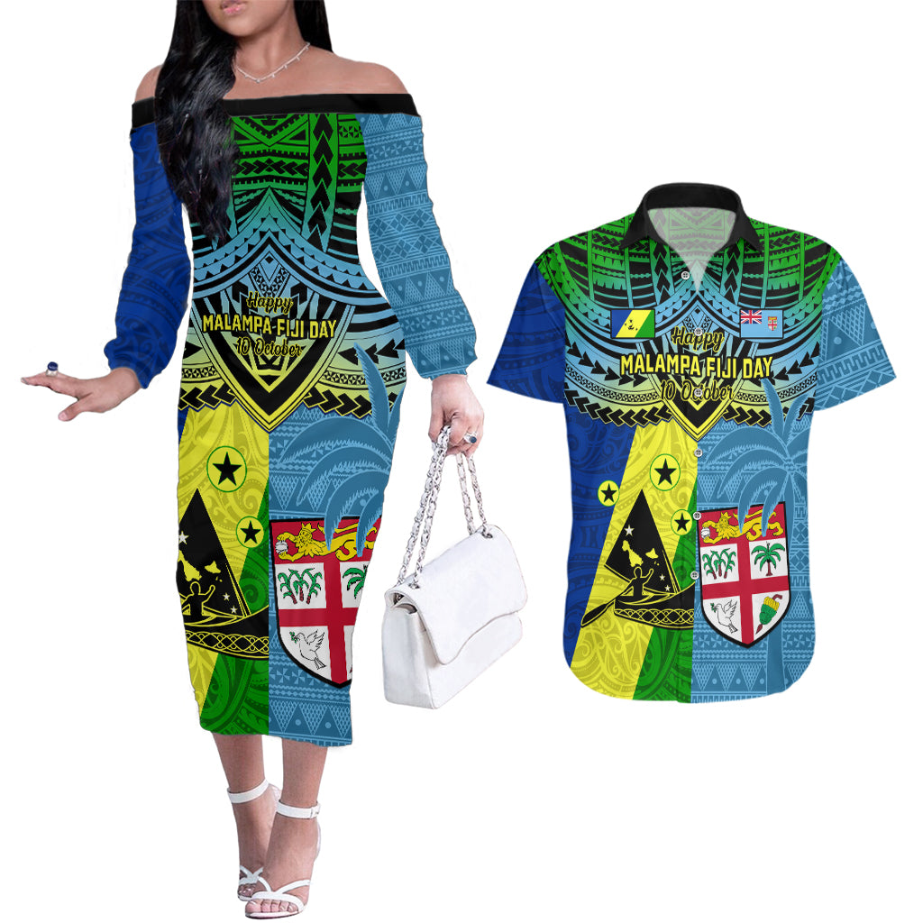 Malampa Fiji Day Couples Matching Off The Shoulder Long Sleeve Dress and Hawaiian Shirt Together We Grow Proud Polynesian Tapa Artsy LT14 Blue - Polynesian Pride