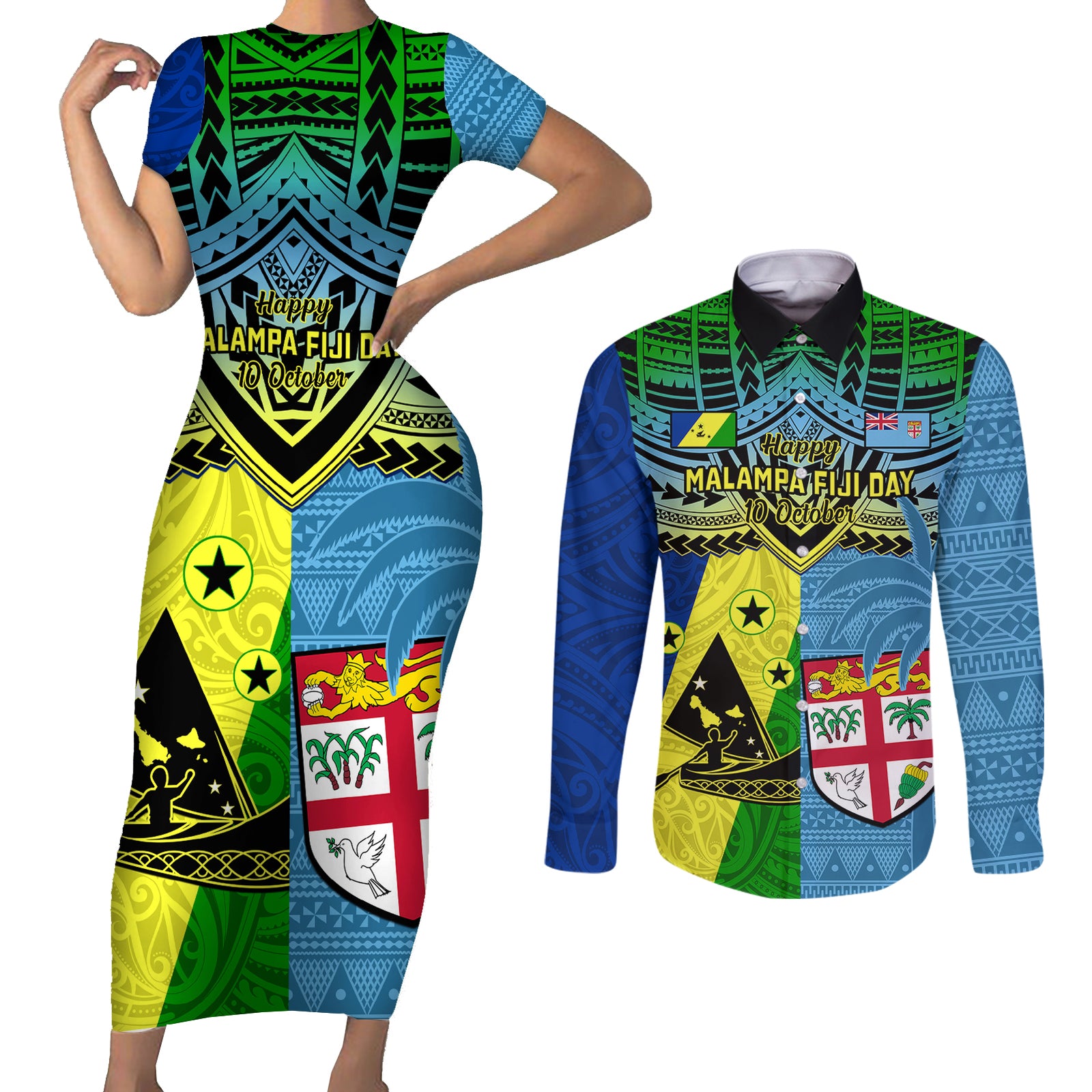 Malampa Fiji Day Couples Matching Short Sleeve Bodycon Dress and Long Sleeve Button Shirts Together We Grow Proud Polynesian Tapa Artsy LT14 Blue - Polynesian Pride