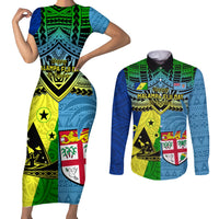 Malampa Fiji Day Couples Matching Short Sleeve Bodycon Dress and Long Sleeve Button Shirts Together We Grow Proud Polynesian Tapa Artsy LT14 Blue - Polynesian Pride