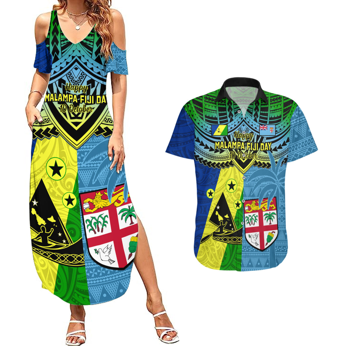 Malampa Fiji Day Couples Matching Summer Maxi Dress and Hawaiian Shirt Together We Grow Proud Polynesian Tapa Artsy LT14 Blue - Polynesian Pride