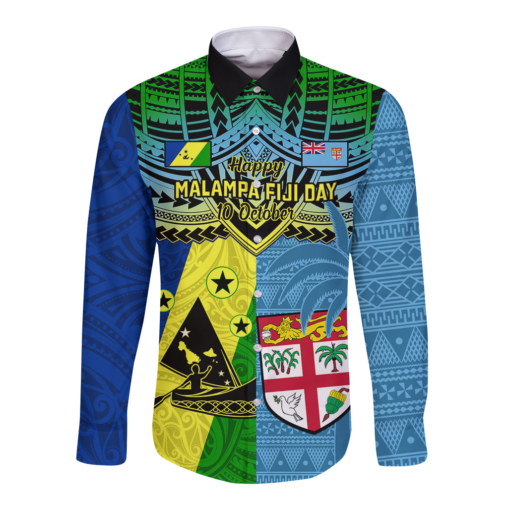 Malampa Fiji Day Long Sleeve Button Shirt Together We Grow Proud Polynesian Tapa Artsy LT14 Unisex Blue - Polynesian Pride