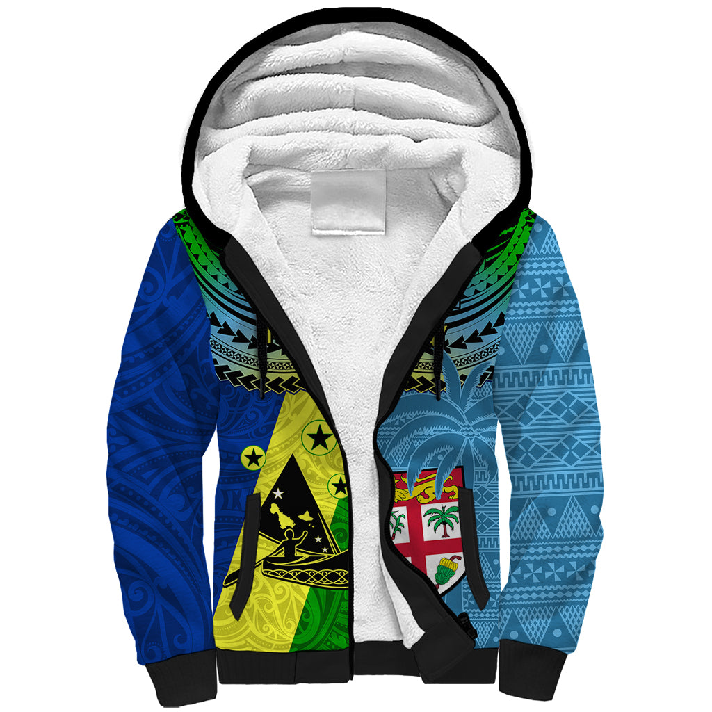 Malampa Fiji Day Sherpa Hoodie Together We Grow Proud Polynesian Tapa Artsy LT14 Unisex Blue - Polynesian Pride