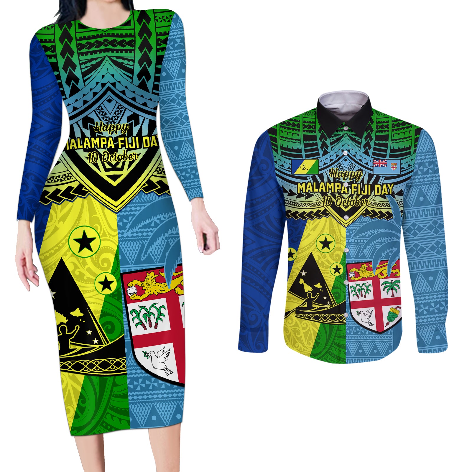 Custom Malampa Fiji Day Couples Matching Long Sleeve Bodycon Dress and Long Sleeve Button Shirts Together We Grow Proud Polynesian Tapa Artsy LT14 Blue - Polynesian Pride