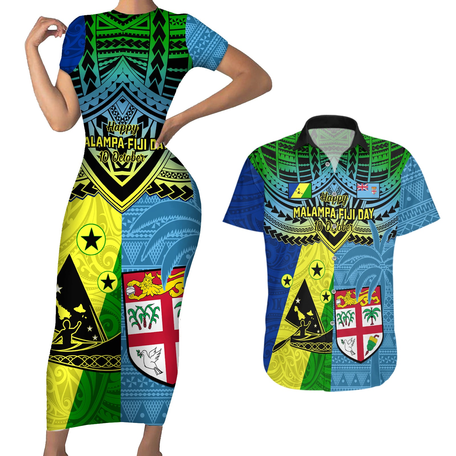 Custom Malampa Fiji Day Couples Matching Short Sleeve Bodycon Dress and Hawaiian Shirt Together We Grow Proud Polynesian Tapa Artsy LT14 Blue - Polynesian Pride