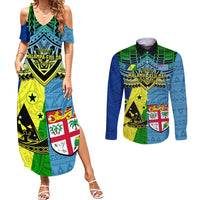 Custom Malampa Fiji Day Couples Matching Summer Maxi Dress and Long Sleeve Button Shirts Together We Grow Proud Polynesian Tapa Artsy LT14 Blue - Polynesian Pride