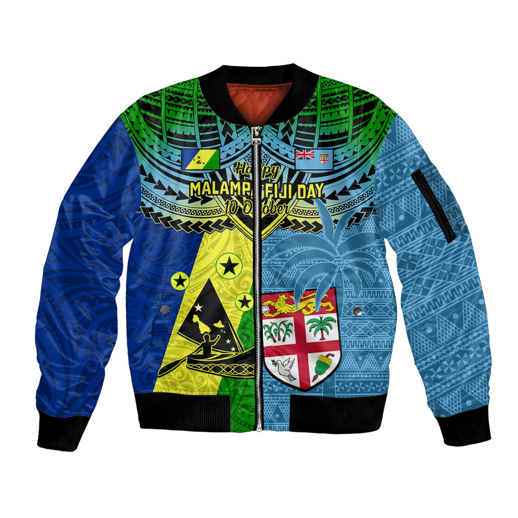 Custom Malampa Fiji Day Sleeve Zip Bomber Jacket Together We Grow Proud Polynesian Tapa Artsy LT14 Unisex Blue - Polynesian Pride