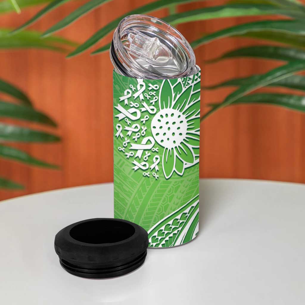 Polynesia Depression Awareness 4 in 1 Can Cooler Tumbler Sunflower Green Ribbons Polynesian Tattoo
