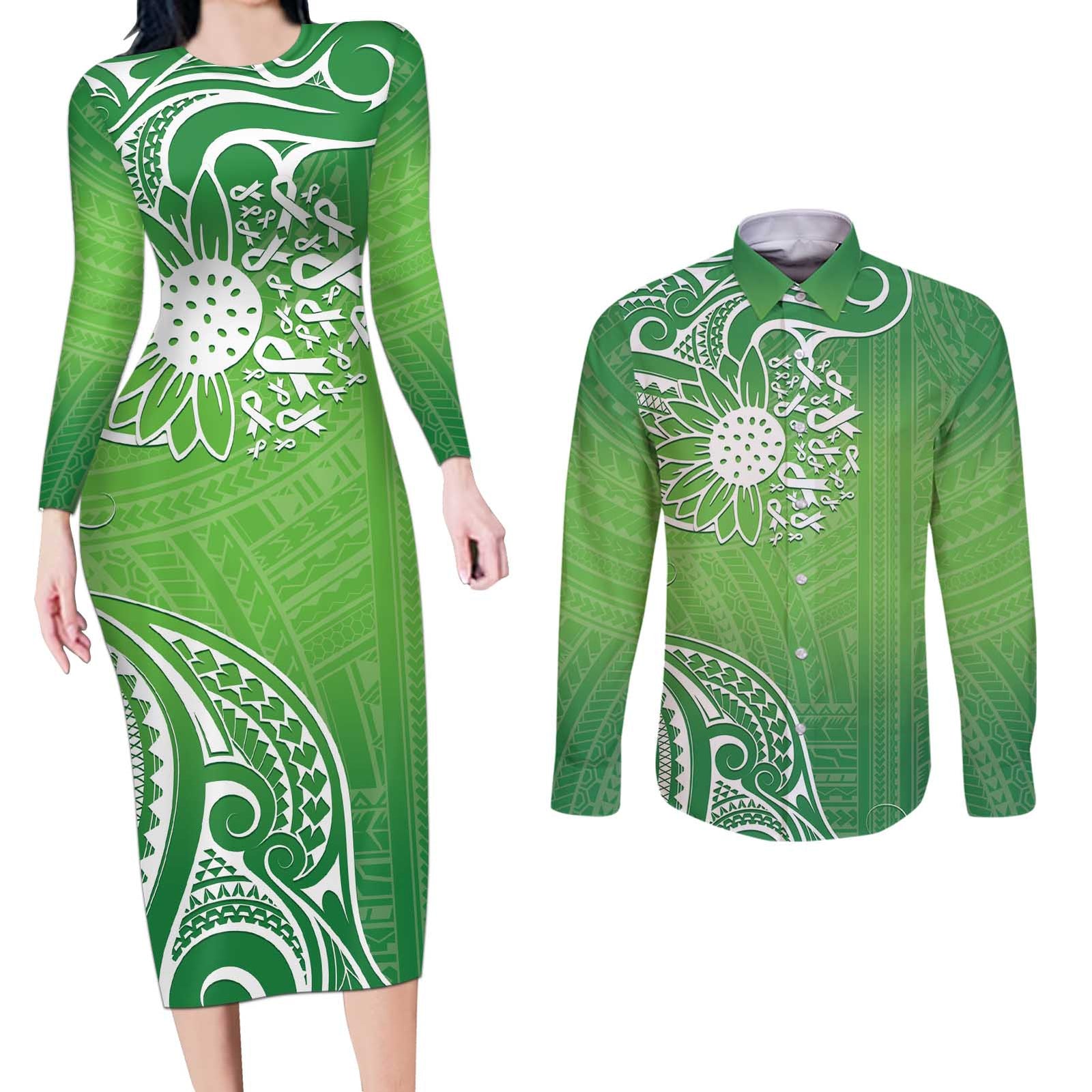 Polynesia Depression Awareness Couples Matching Long Sleeve Bodycon Dress and Long Sleeve Button Shirt Sunflower Green Ribbons Polynesian Tattoo