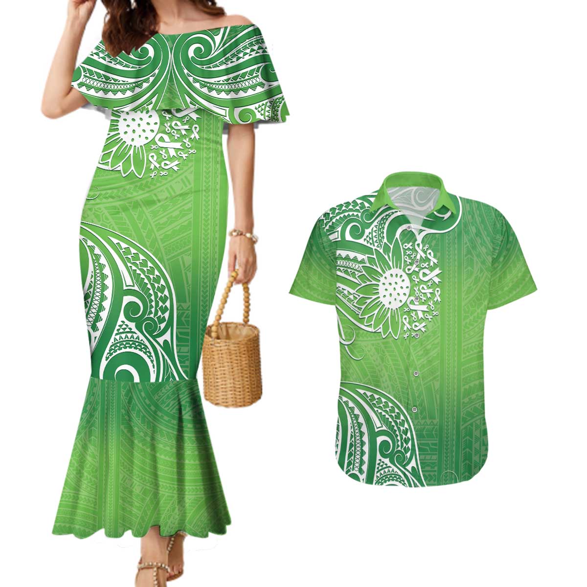 Polynesia Depression Awareness Couples Matching Mermaid Dress and Hawaiian Shirt Sunflower Green Ribbons Polynesian Tattoo