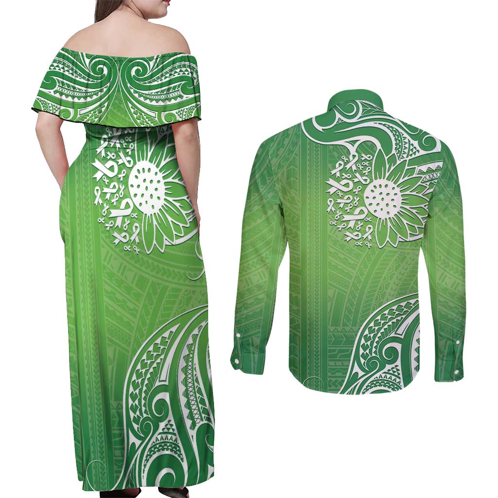 Polynesia Depression Awareness Couples Matching Off Shoulder Maxi Dress and Long Sleeve Button Shirt Sunflower Green Ribbons Polynesian Tattoo