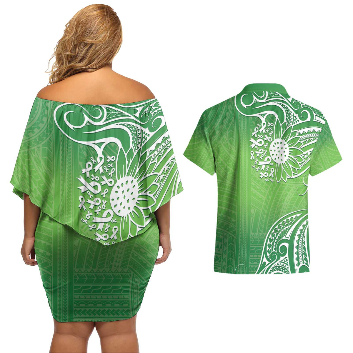 Polynesia Depression Awareness Couples Matching Off Shoulder Short Dress and Hawaiian Shirt Sunflower Green Ribbons Polynesian Tattoo