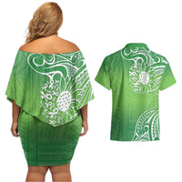 Polynesia Depression Awareness Couples Matching Off Shoulder Short Dress and Hawaiian Shirt Sunflower Green Ribbons Polynesian Tattoo