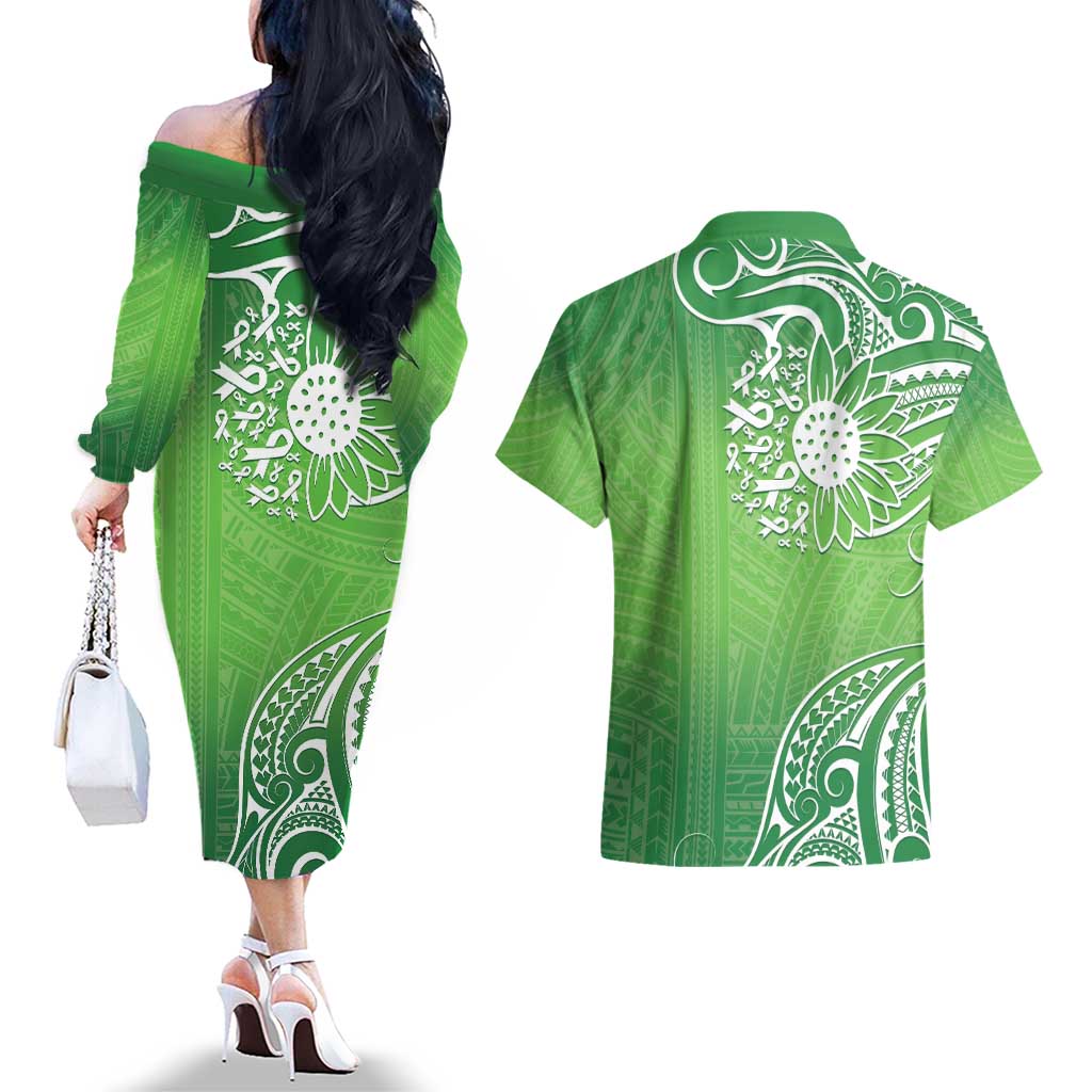 Polynesia Depression Awareness Couples Matching Off The Shoulder Long Sleeve Dress and Hawaiian Shirt Sunflower Green Ribbons Polynesian Tattoo