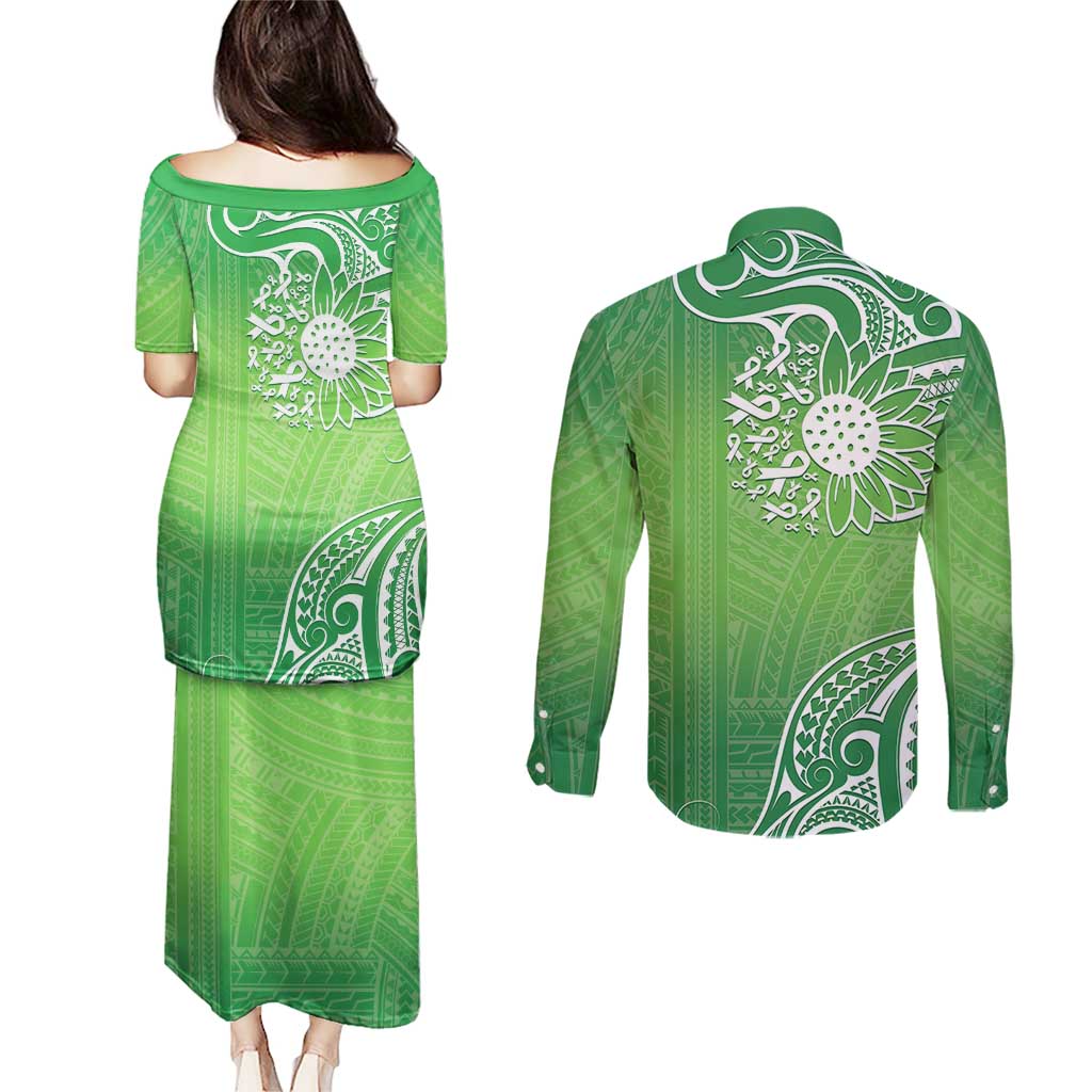 Polynesia Depression Awareness Couples Matching Puletasi and Long Sleeve Button Shirt Sunflower Green Ribbons Polynesian Tattoo