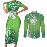 Polynesia Depression Awareness Couples Matching Short Sleeve Bodycon Dress and Long Sleeve Button Shirt Sunflower Green Ribbons Polynesian Tattoo
