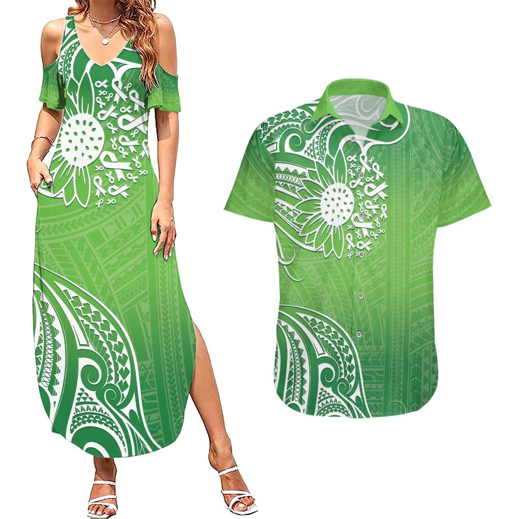 Polynesia Depression Awareness Couples Matching Summer Maxi Dress and Hawaiian Shirt Sunflower Green Ribbons Polynesian Tattoo