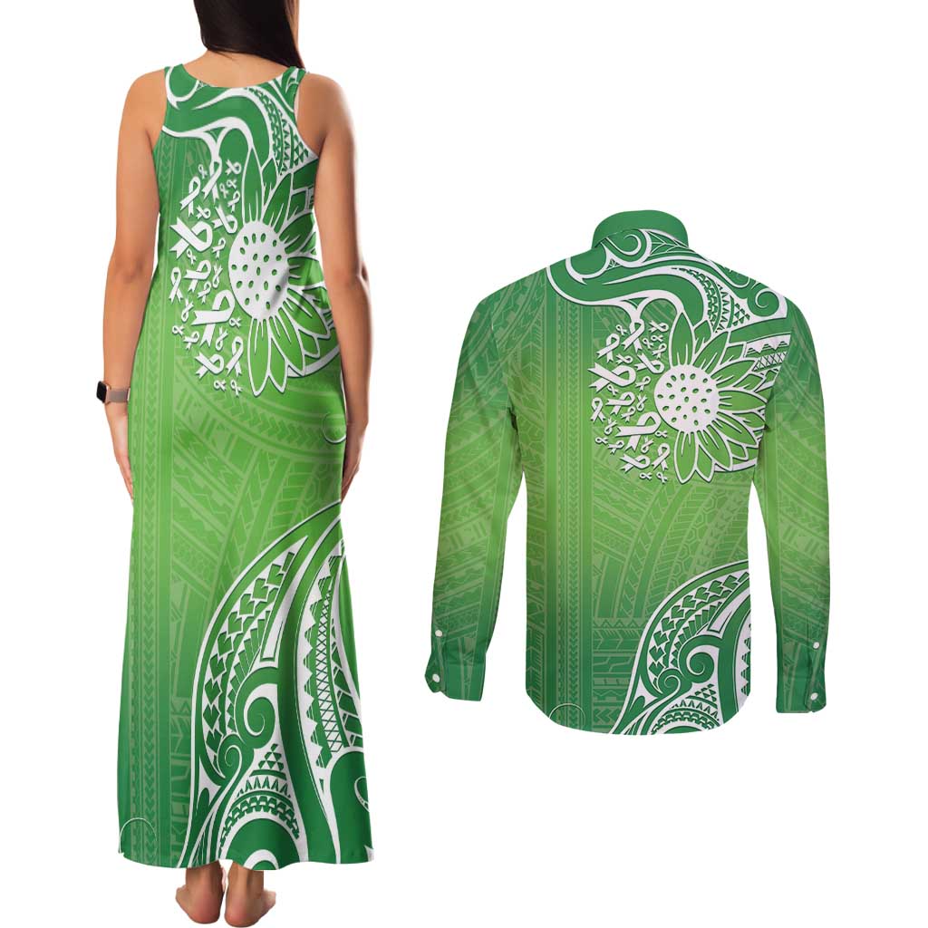 Polynesia Depression Awareness Couples Matching Tank Maxi Dress and Long Sleeve Button Shirt Sunflower Green Ribbons Polynesian Tattoo