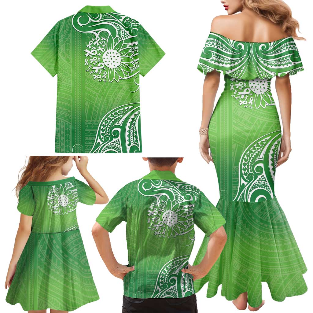 Polynesia Depression Awareness Family Matching Mermaid Dress and Hawaiian Shirt Sunflower Green Ribbons Polynesian Tattoo