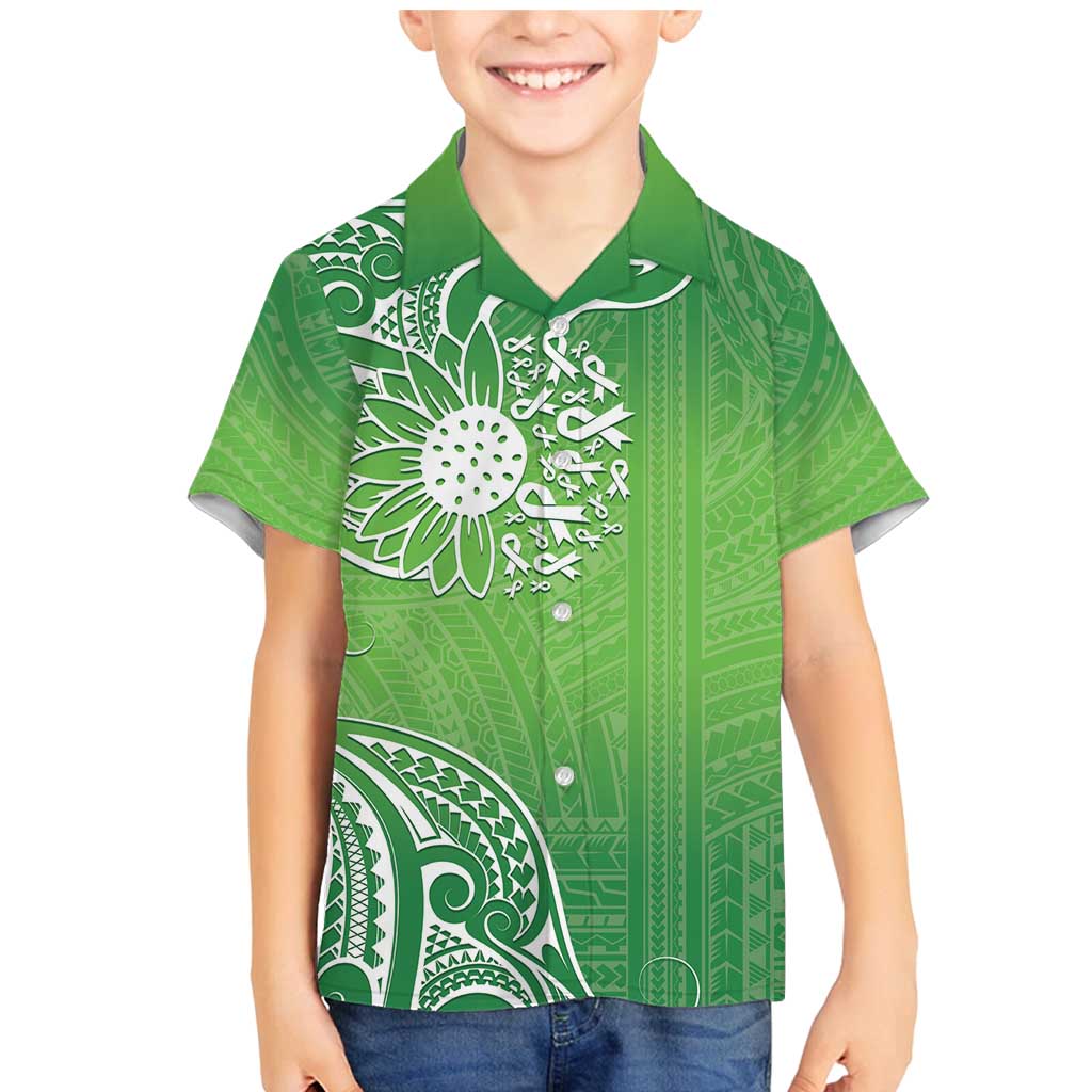 Polynesia Depression Awareness Family Matching Mermaid Dress and Hawaiian Shirt Sunflower Green Ribbons Polynesian Tattoo