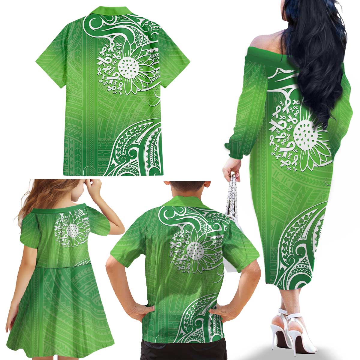 Polynesia Depression Awareness Family Matching Off The Shoulder Long Sleeve Dress and Hawaiian Shirt Sunflower Green Ribbons Polynesian Tattoo