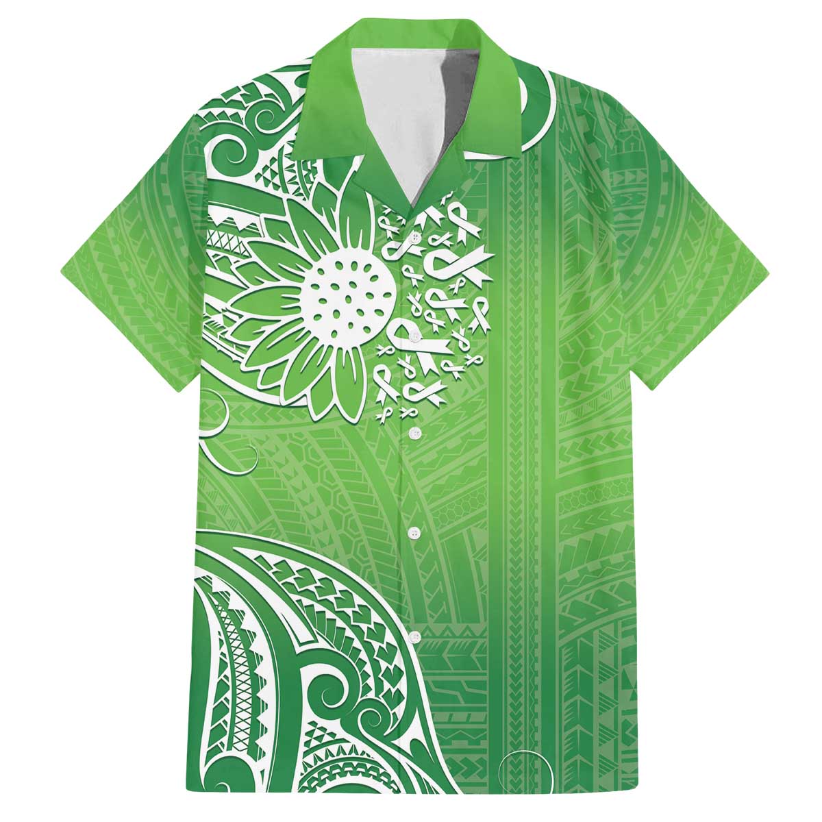 Polynesia Depression Awareness Family Matching Off The Shoulder Long Sleeve Dress and Hawaiian Shirt Sunflower Green Ribbons Polynesian Tattoo