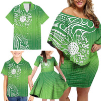 Polynesia Depression Awareness Family Matching Off Shoulder Short Dress and Hawaiian Shirt Sunflower Green Ribbons Polynesian Tattoo