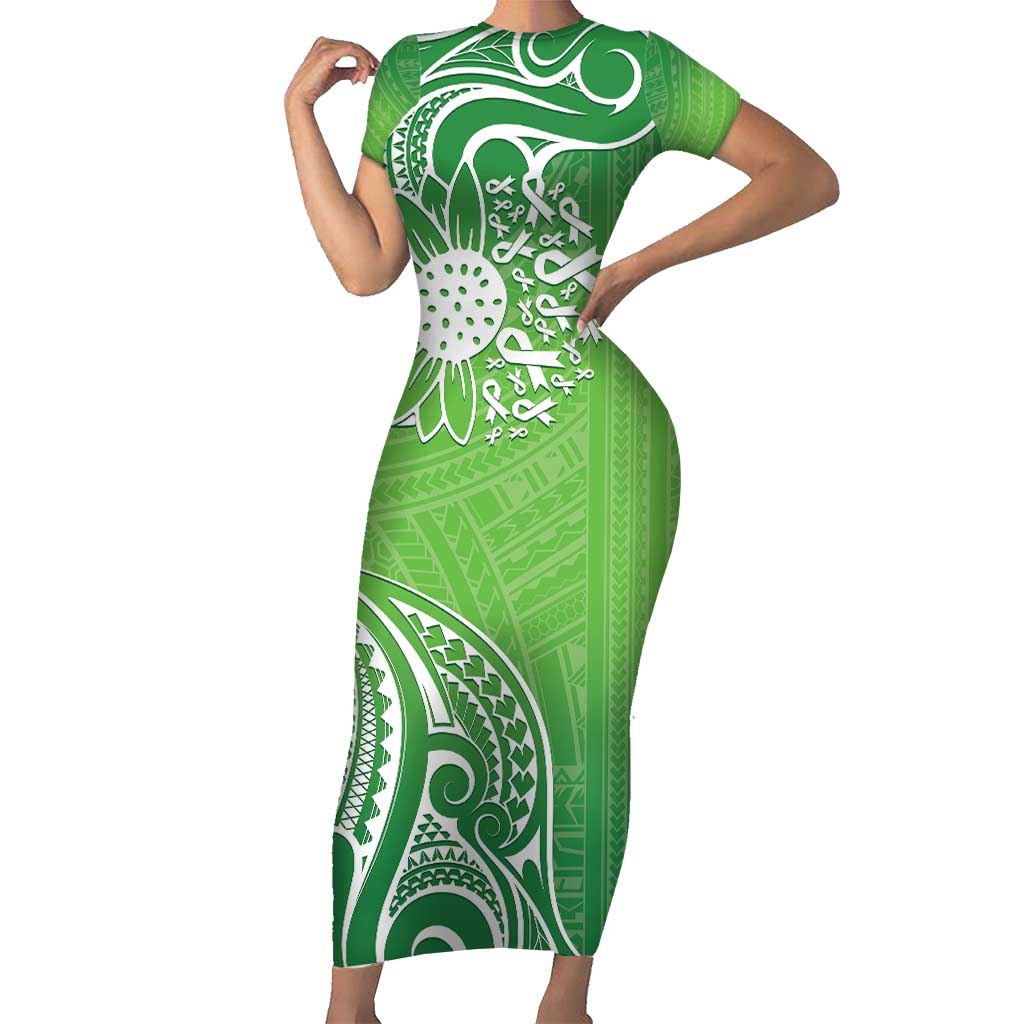 Polynesia Depression Awareness Family Matching Short Sleeve Bodycon Dress and Hawaiian Shirt Sunflower Green Ribbons Polynesian Tattoo