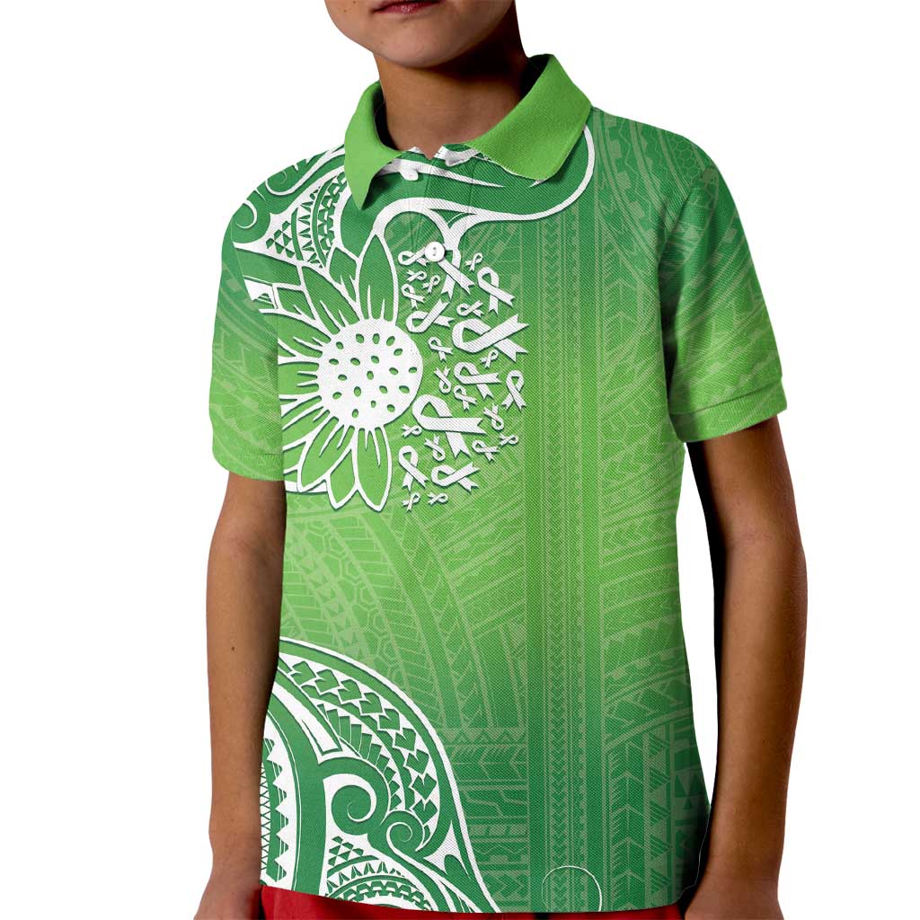 Polynesia Depression Awareness Kid Polo Shirt Sunflower Green Ribbons Polynesian Tattoo