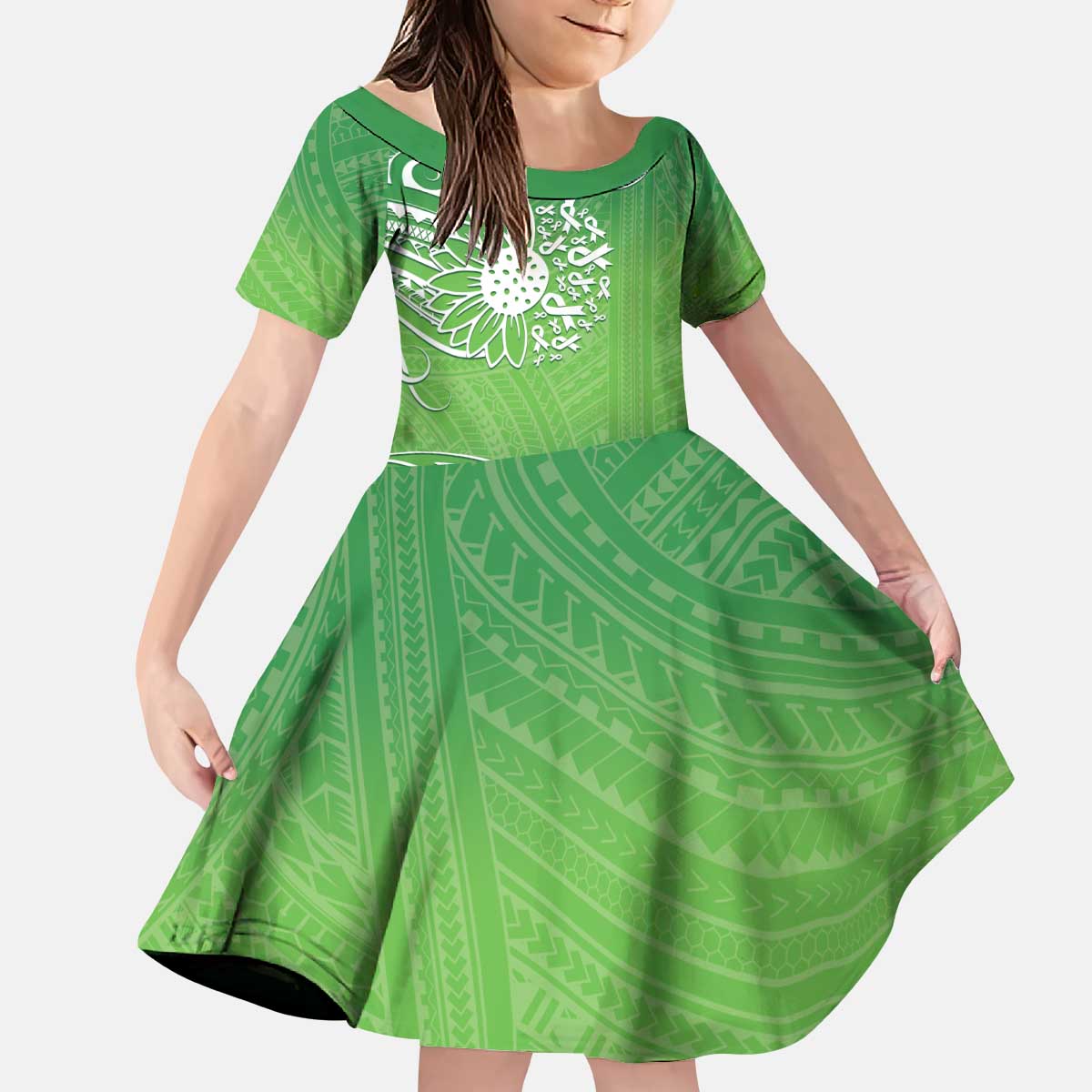 Polynesia Depression Awareness Kid Short Sleeve Dress Sunflower Green Ribbons Polynesian Tattoo