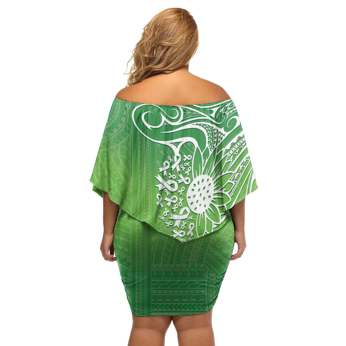 Polynesia Depression Awareness Off Shoulder Short Dress Sunflower Green Ribbons Polynesian Tattoo