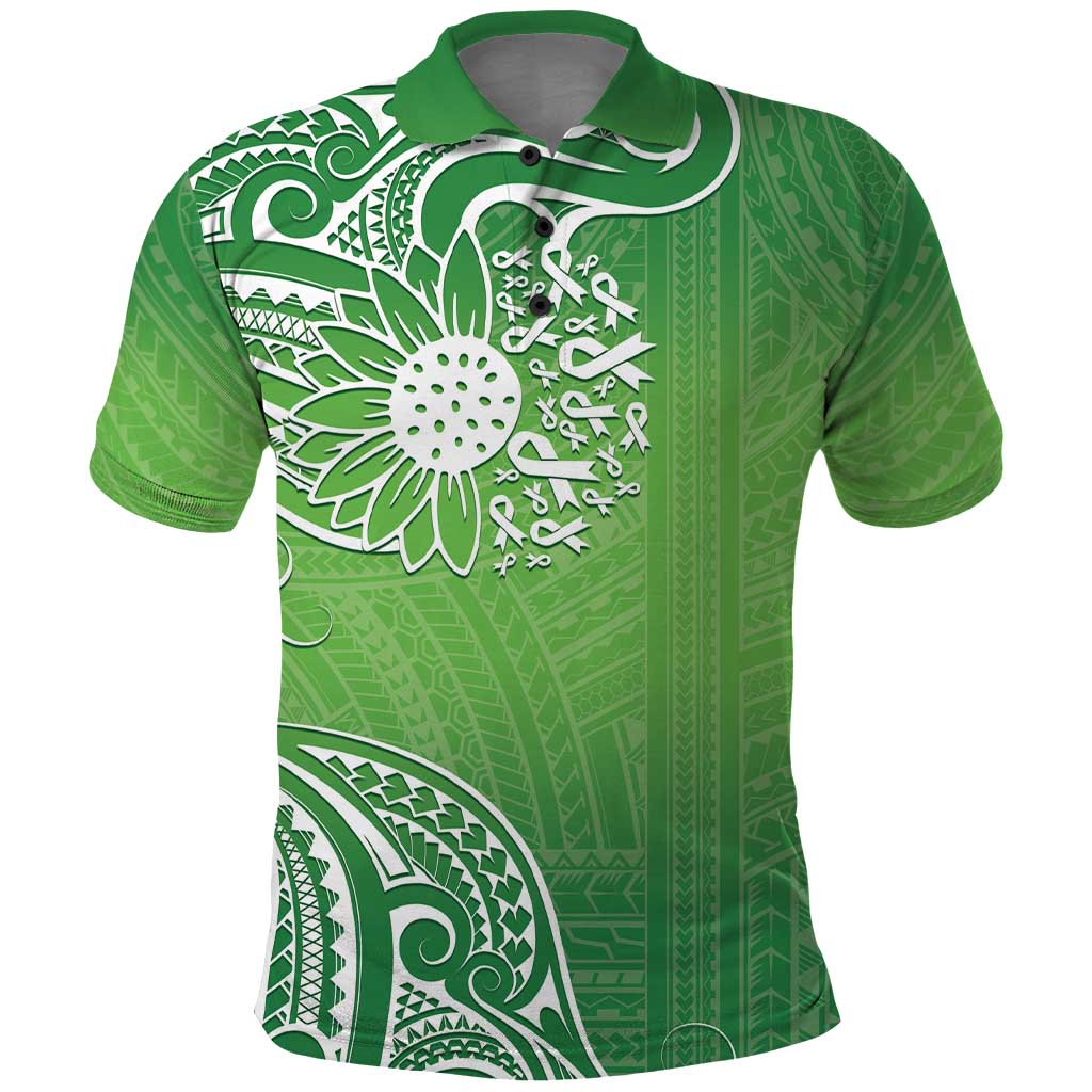 Polynesia Depression Awareness Polo Shirt Sunflower Green Ribbons Polynesian Tattoo
