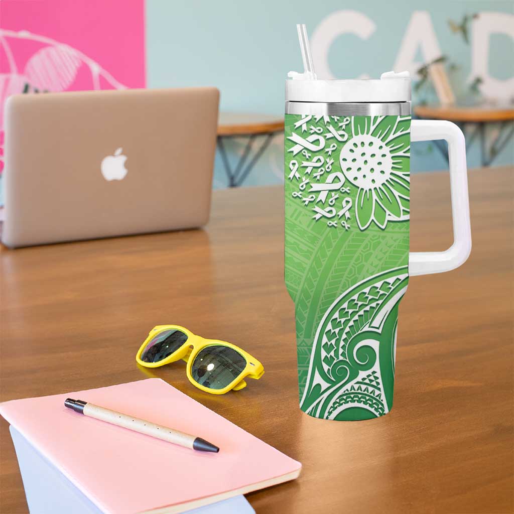 Polynesia Depression Awareness Tumbler With Handle Sunflower Green Ribbons Polynesian Tattoo