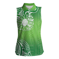 Polynesia Depression Awareness Women Sleeveless Polo Shirt Sunflower Green Ribbons Polynesian Tattoo