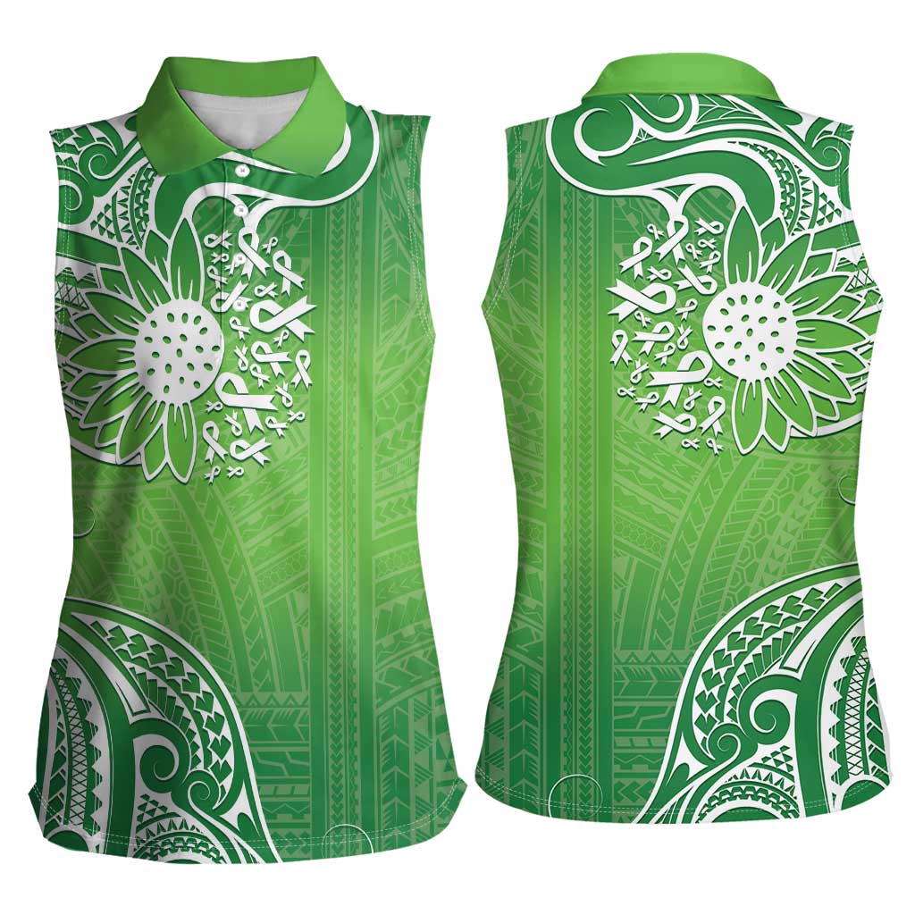Polynesia Depression Awareness Women Sleeveless Polo Shirt Sunflower Green Ribbons Polynesian Tattoo