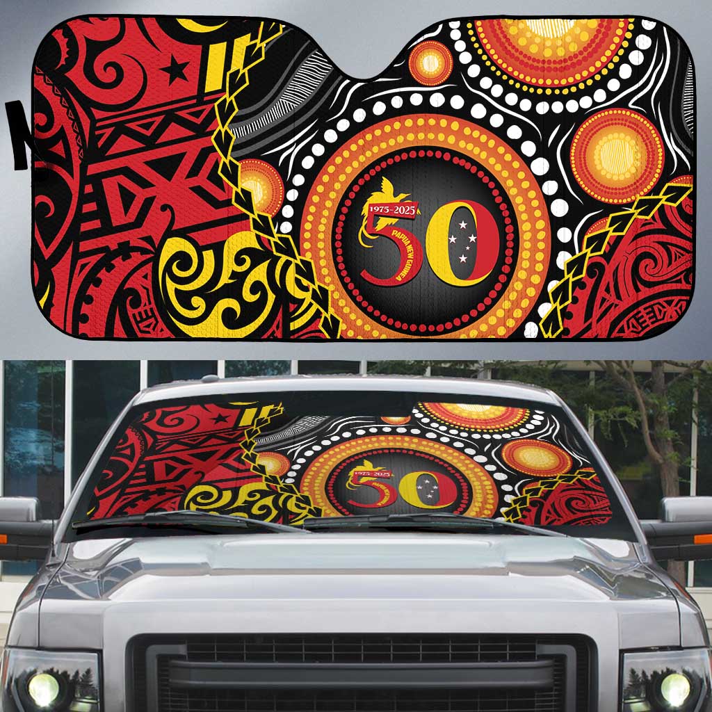 Celebrating 50 Years Papua New Guinea Auto Sun Shade Aboriginal Mix Papuan Pattern - Polynesian Pride
