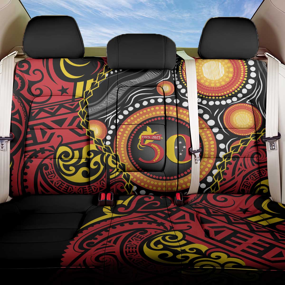 Celebrating 50 Years Papua New Guinea Back Car Seat Cover Aboriginal Mix Papuan Pattern - Polynesian Pride