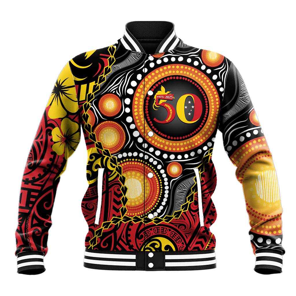 Celebrating 50 Years Papua New Guinea Baseball Jacket Aboriginal Mix Papuan Pattern - Polynesian Pride