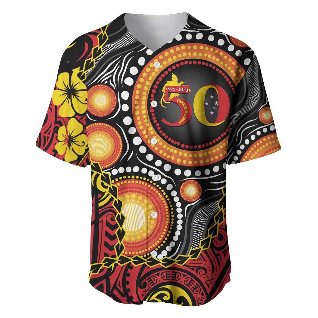 Celebrating 50 Years Papua New Guinea Baseball Jersey Aboriginal Mix Papuan Pattern - Polynesian Pride