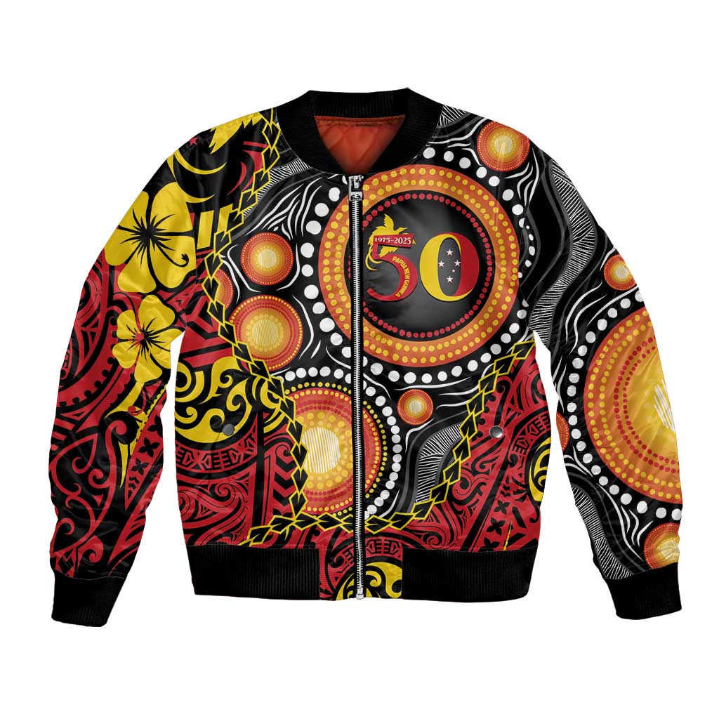 Celebrating 50 Years Papua New Guinea Bomber Jacket Aboriginal Mix Papuan Pattern - Polynesian Pride