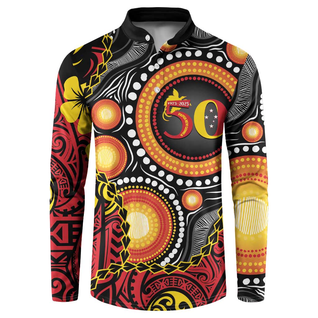 Celebrating 50 Years Papua New Guinea Button Sweatshirt Aboriginal Mix Papuan Pattern - Polynesian Pride
